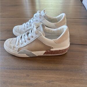 Dolce Vita cream, tan and gold glitter sneakers